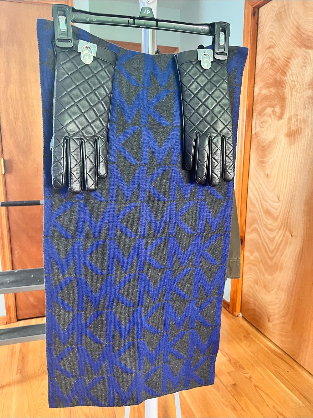 Michael Kors Blue and Black Logo Knit Scarf with Black Leather Gloves
